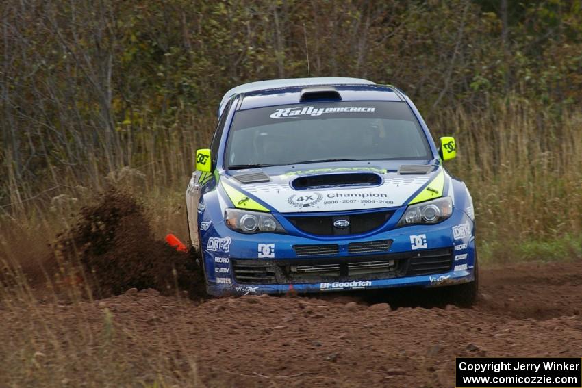 Travis Pastrana / Christian Edstrom come into a corner on the practice stage and stall the engine on their Subaru WRX STi.