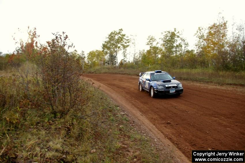 Carl Siegler / David Goodman set up for a hard left on the practice stage in their Subaru WRX STi.