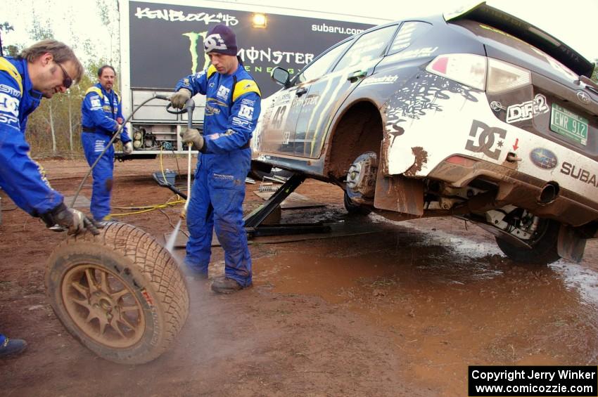 The Ken Block / Alex Gelsomino Subaru WRX STi is sprayed clean after the practice stage. (3)