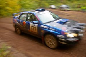 Carl Siegler / David Goodman come across the finish of Beacon Hill, SS2, in their Subaru WRX STi.