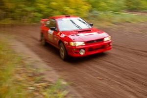 Dustin Kasten / Corina Soto come across the flying finish of Beacon Hill, SS2, in their Subaru Impreza.