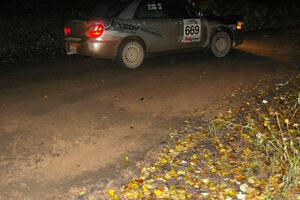 Evan Cline / Jason Grahn drift through a fast sweeper near the midpoint of Menge Creek, SS9, in their Subaru Impreza.