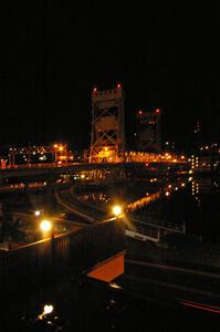The Houghton aerial lift bridge at night.