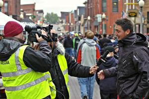 Andi Mancin is interviewed by a Polish film crew at Saturday morning's parc expose.