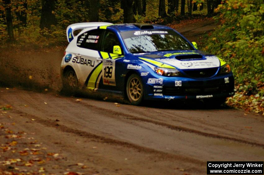 Travis Pastrana / Christian Edstrom drift through one of the final corners of Beacon Hill, SS2, in their Subaru WRX STi.