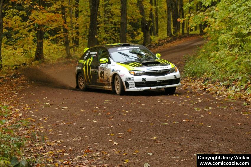 Ken Block / Alex Gelsomino at speed near the finish of Beacon Hill, SS2, in their Subaru WRX STi.