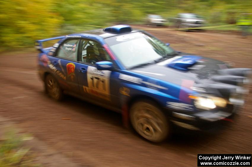 Carl Siegler / David Goodman come across the finish of Beacon Hill, SS2, in their Subaru WRX STi.