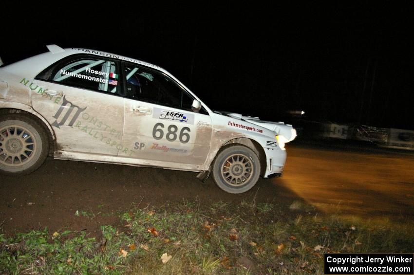 Heath Nunnemacher / Mike Rossey drift their Subaru WRX STi through the spectator corner on Far Point 2, SS7.