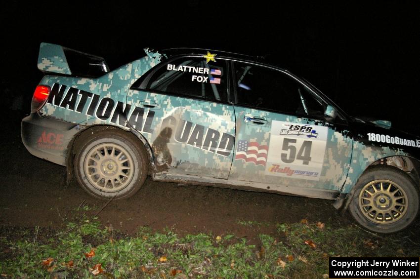 Mark Fox / Jake Blattner drift their Subaru WRX STi through the spectator corner on Far Point 2, SS7.