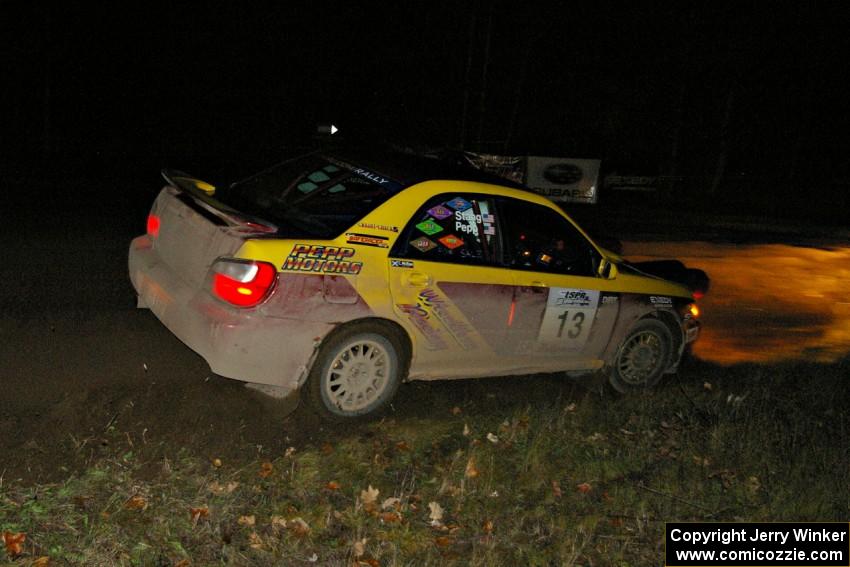 Bryan Pepp / Jerry Stang drift their Subaru WRX through the spectator corner on Far Point, SS7.