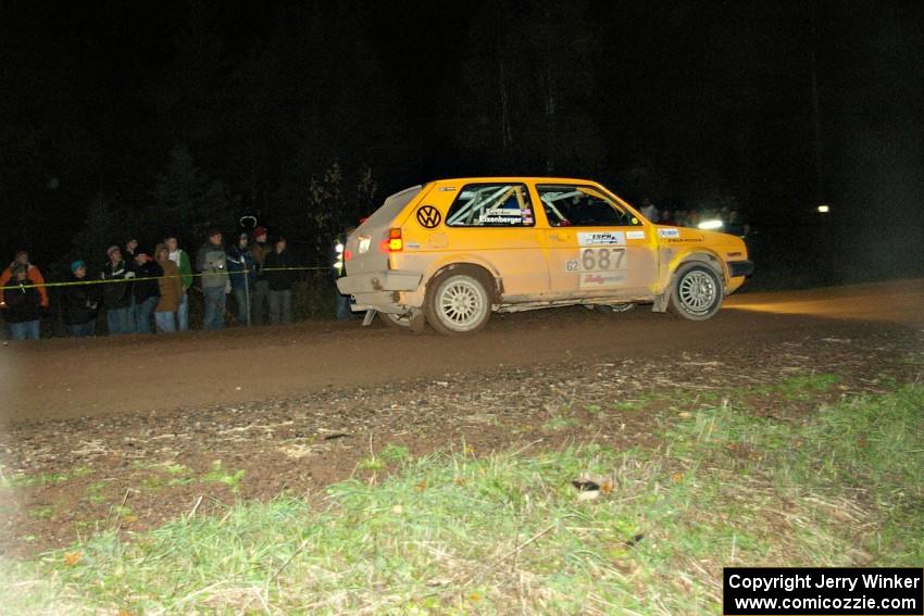 Chad Eixenberger / Chris Gordon set their VW Golf up for the corner in front of the horde of spectators on Far Point 2, SS7.