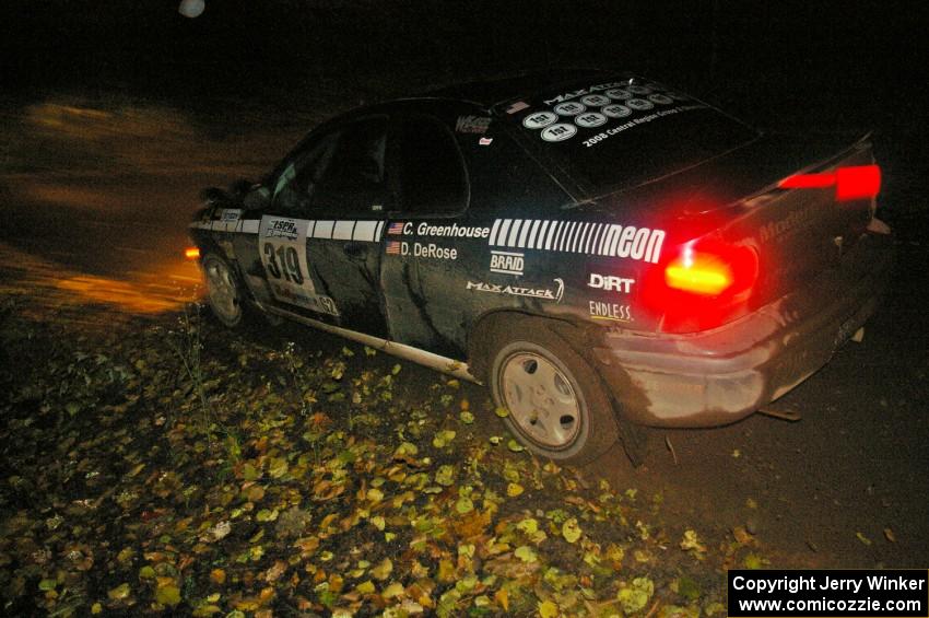 Chris Greenhouse / Don DeRose at speed in the twisty downhill section of Menge Creek, SS9, in their Plymouth Neon.