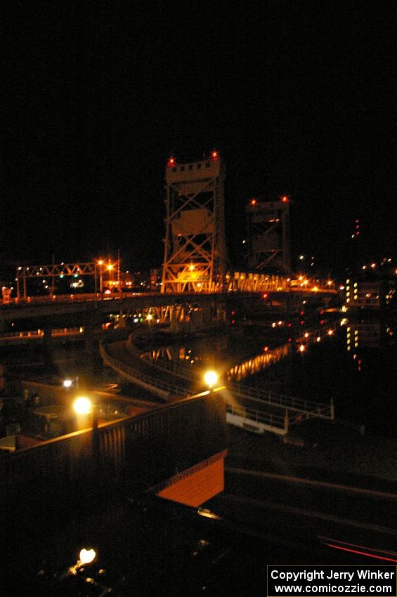 The Houghton aerial lift bridge at night.