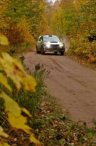 Travis Pastrana / Christian Edstrom come into the flying finish of Gratiot Lake, SS10, in their Subaru WRX STi.