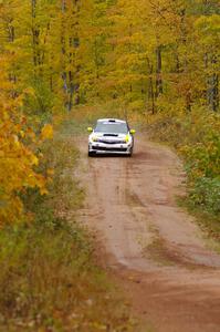 Ken Block / Alex Gelsomino come flying into the finish of Gratiot Lake, SS10, in their Subaru WRX STi.