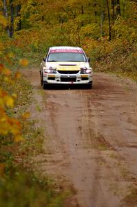 Andi Mancin / Maciej Wislawski come into the flying finish of Gratiot Lake, SS10, in their Mitsubishi Lancer Evo 9.