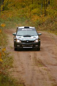 Mark Fox / Jake Blattner at speed at the flying finish of Gratiot Lake, SS10, in their Subaru WRX STi.