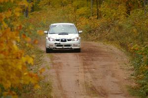 Heath Nunnemacher / Mike Rossey come into the flying finish of Gratiot Lake, SS10, in their Subaru WRX STi.