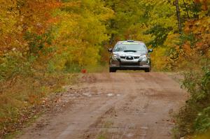 Jimmy Keeney / Missy Keeney at full speed into the flying finish of Gratiot Lake, SS10, in their Subaru WRX STi.