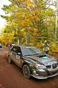 Jimmy Keeney / Missy Keeney leave the start of Delaware 1, SS11, in their Subaru WRX STi.