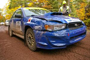 Kenny Bartram / Dennis Hotson blast their Subaru WRX STi away from the start of SS11, Delaware 1.