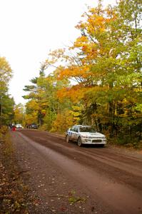 Henry Krolikowski / Cindy Krolikowski power away from the start of Delaware 1, SS11, in their Subaru Impreza.