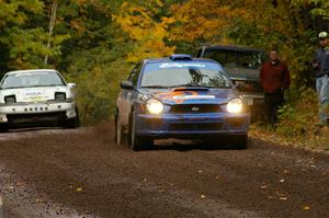 The Subaru WRX of Tim Penasack / Alex Kihurani blasts from the start of Delaware 1, SS11.