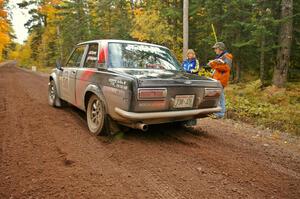 Jim Scray / Colin Vickman blast away from the start of Delaware 1, SS11, in their Datsun 510.