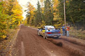 Piotr Fetela / Dariusz Belzowski do a nice launch from the start of Delaware 1, SS11, in their Subaru Impreza.