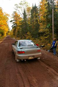 Don Kennedy / Matt Kennedy leave the start of Delaware 1, SS11, in their Subaru Impreza.