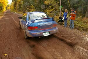 Kazimierz Pudelek / Michal Nawracaj blast away fro the start of Delaware 1, SS11, in their Subaru Impreza.