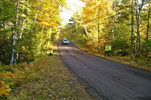 Travis Pastrana / Christian Edstrom take it easy at the midpoint jump on Brockway Mtn. 2, SS16, in their Subaru WRX STi.