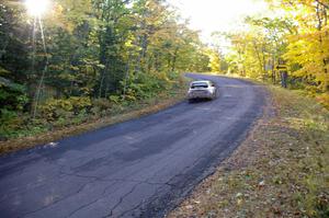 Travis Pastrana / Christian Edstrom head uphill after the midpoint jump on Brockway Mtn. 2, SS16, in their Subaru WRX STi.