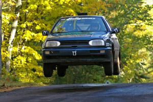 Paul Koll / Tim Knorr catch major air after a missed call on Brockway Mtn. 2, SS16, in their VW Golf.