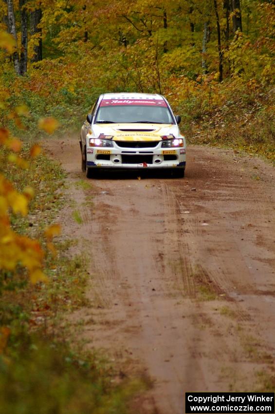 Andi Mancin / Maciej Wislawski come into the flying finish of Gratiot Lake, SS10, in their Mitsubishi Lancer Evo 9.