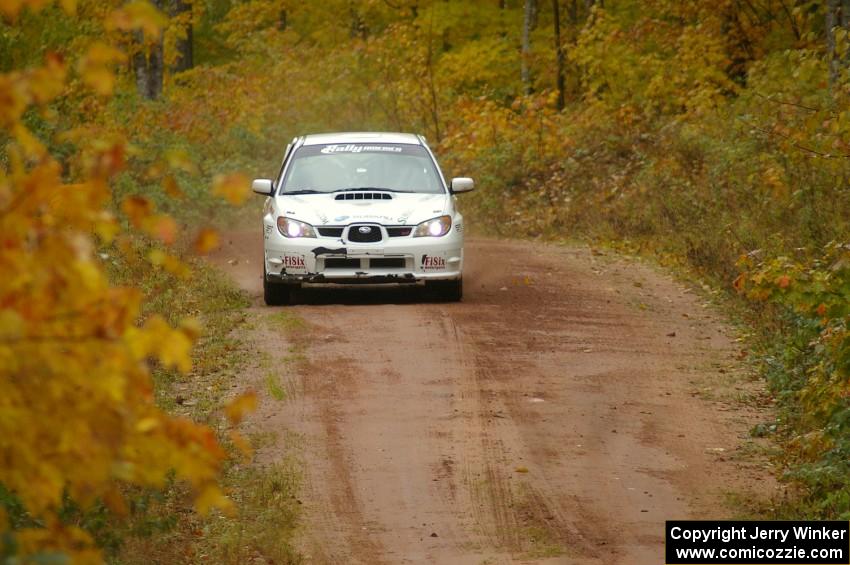Heath Nunnemacher / Mike Rossey come into the flying finish of Gratiot Lake, SS10, in their Subaru WRX STi.