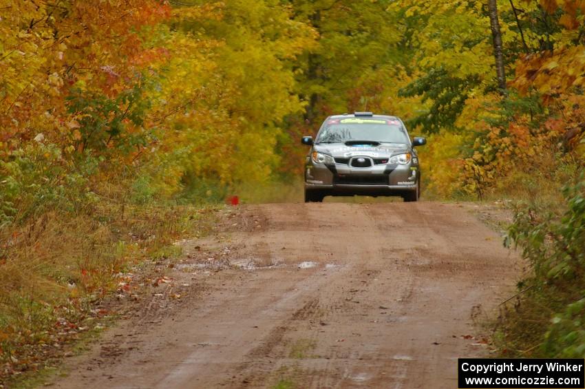 Jimmy Keeney / Missy Keeney at full speed into the flying finish of Gratiot Lake, SS10, in their Subaru WRX STi.