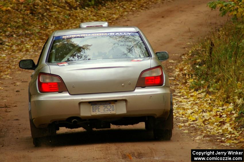 Evan Cline / Jason Grahn coast into the end control after the flying finish of Gratiot Lake, SS10, in their Subaru Impreza.