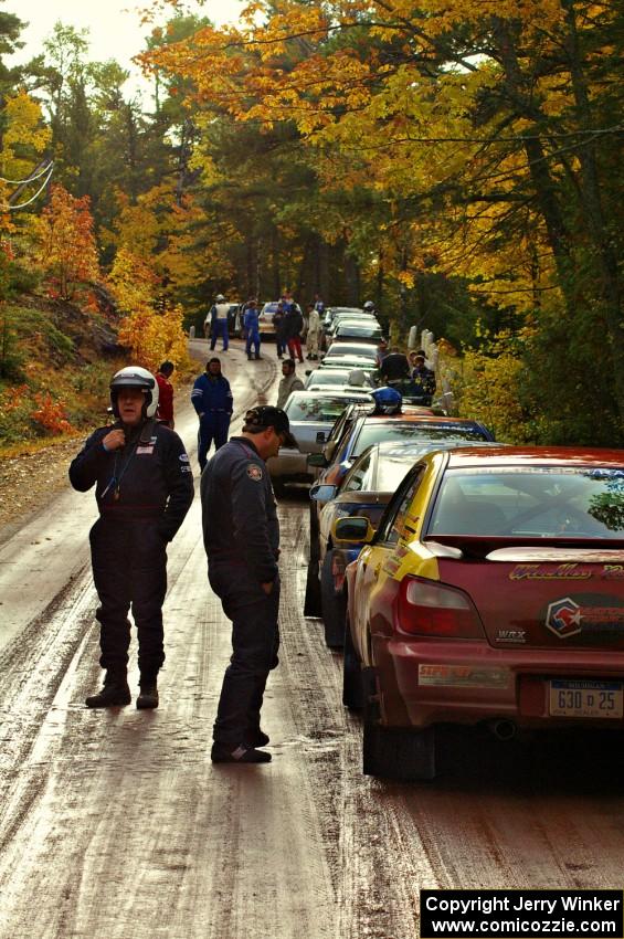 Bryan Pepp / Jerry Stang in line to leave the start of Delaware 1, SS11, in their Subaru WRX.