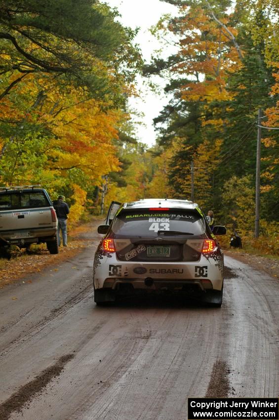 The Ken Block / Alex Gelsomino Subaru WRX STi pulls forward at the start of Delaware 1, SS11.