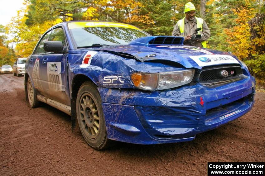 Kenny Bartram / Dennis Hotson blast their Subaru WRX STi away from the start of SS11, Delaware 1.