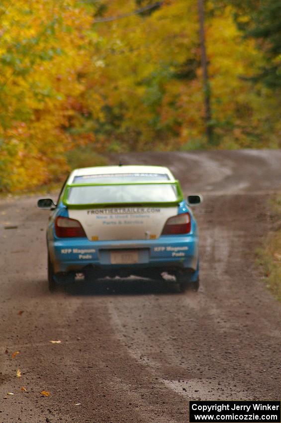 Pete Hascher / Scott Rhoades leave the start of Delaware 1, SS11, in their Subaru WRX.