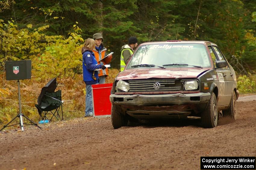 Matt Bushore / Andy Bushore blast away from the start of Delaware 1, SS11, in their VW Jetta.