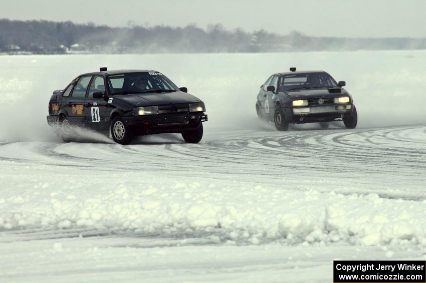 The Ty Saiki / Mike Ehleringer VW Passat is chased by Brian Lange's VW Corrado.