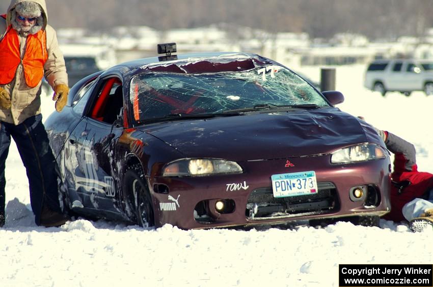 Bonnie Stoehr / Jake Weber / Pete Weber Mitsubishi Eclipse after being flipped over.