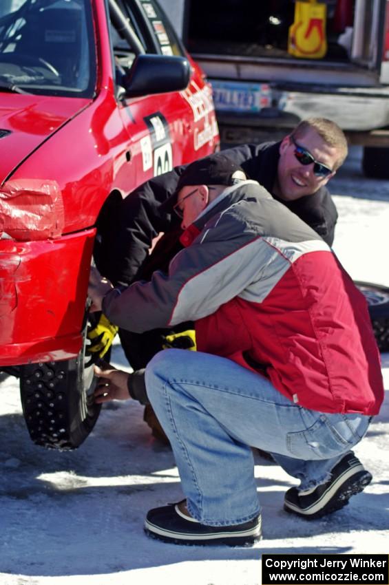 Tom Fuehrer and Will Cammack work on the Mark Utecht / Tom Fuehrer Subaru Impreza before the enduro.