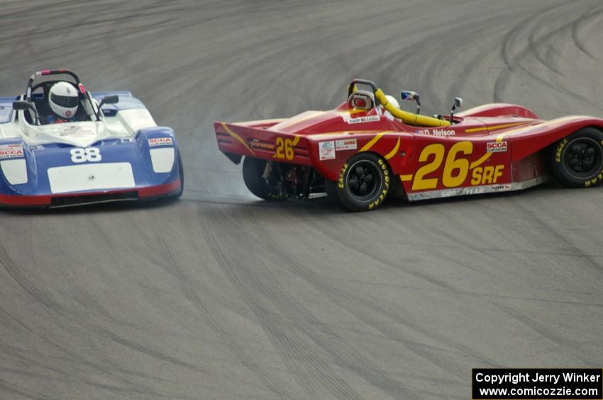 Dale Nelson spins in front of Dave Schaal during the Spec Racer Ford race.