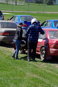 Emily Bevelacque and Curran Bishop-Wright swap drivers in their PA Subaru Impreza