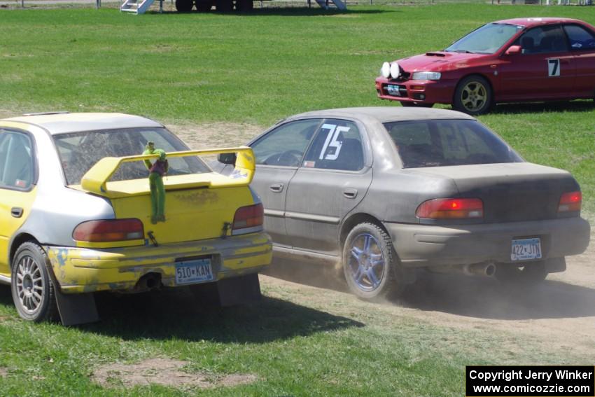 Sheen Hua's Subaru Impreza 2.5RS pulls up next to Tim Anderson's MA Subaru Impreza in the staging line.