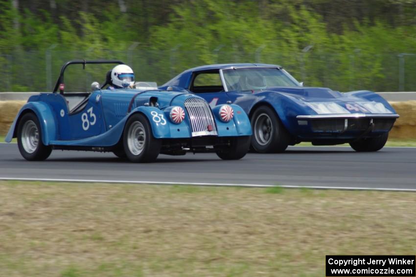 Pat Starr's Morgan +4 and Darwin Bosell's Chevy Corvette go side-by-side into turn 3